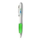 Silver and green ballpoint pen with AMTEL logo near the clip.