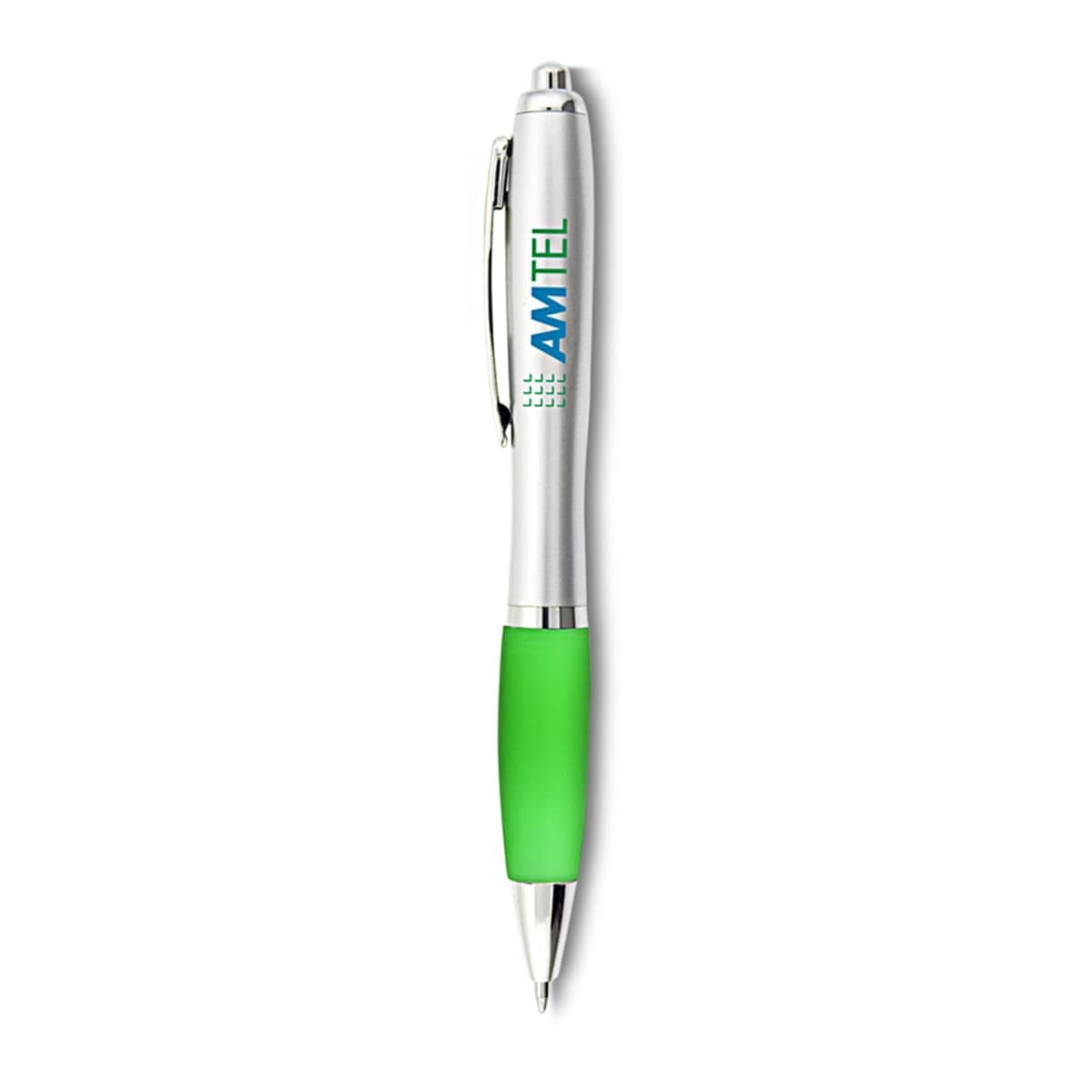Silver and green ballpoint pen with AMTEL logo near the clip.