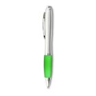 Silver pen with a green rubber grip and a clip, isolated on a white background.