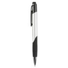 Black and silver retractable ballpoint pen with a clip on a white background.
