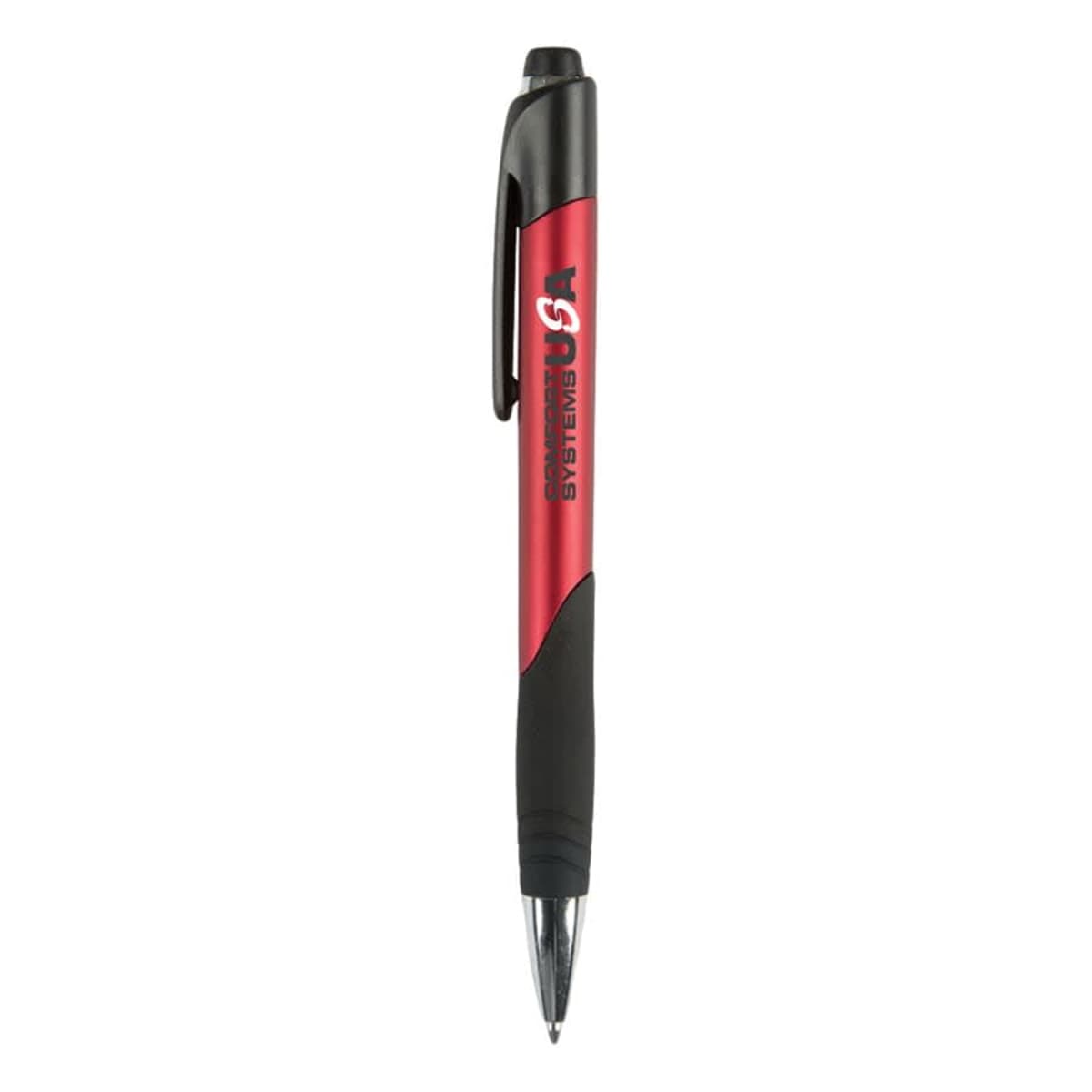 Red and black retractable ballpoint pen with a clip and Servant Systems USA logo.