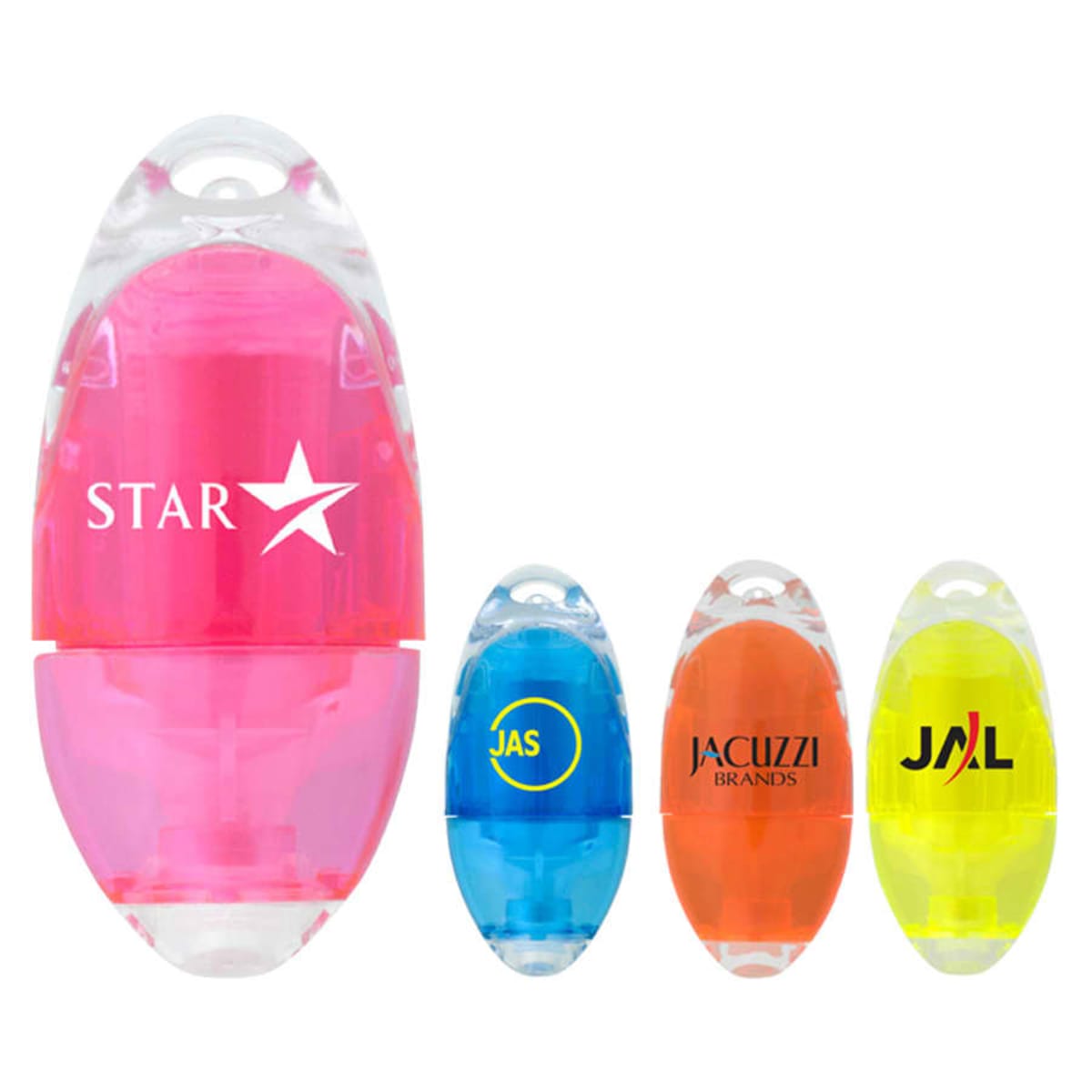 Four colorful oval-shaped highlighters with different brand logos on each one.
