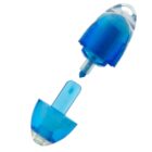 Blue plastic correction tape pen with cap removed, showing the applicator tip.