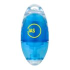 Blue and clear oval-shaped plastic container with JAS in yellow text on the front.
