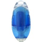 Blue and clear plastic capsule-shaped liquid dispenser with a hole at the top.