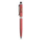Red pen with clip, black stylus tip, and Radisson logo printed on the upper barrel.