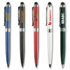 Five assorted pens with different company logos printed on them, standing upright in a row.