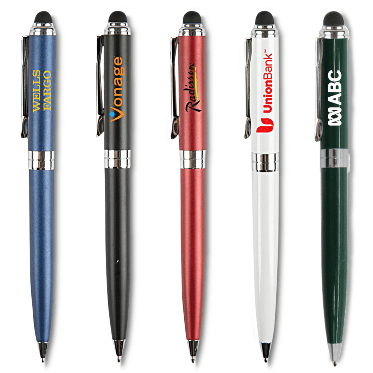 Five assorted pens with different company logos printed on them, standing upright in a row.