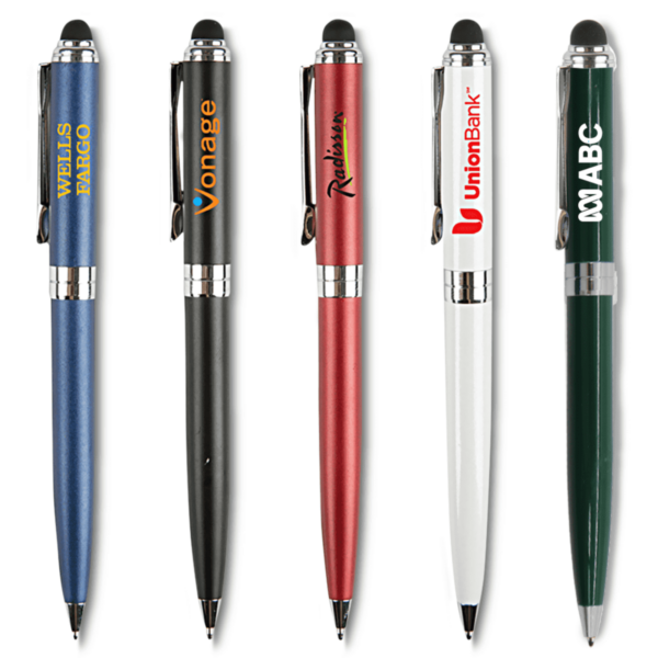 Five pens in different colors, each with a different company logo printed on the barrel.
