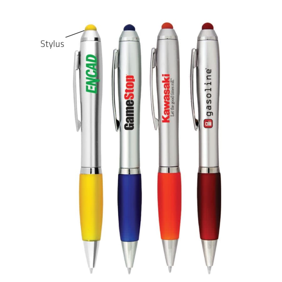 Four branded stylus pens in yellow, blue, orange, and red with silver bodies.
