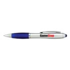 Silver and blue pen with GameStop logo printed on the side.