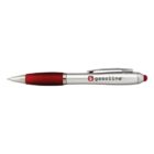 A red and silver pen with the word gasoline printed on the barrel.