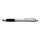 Silver ballpoint pen with a black grip and a pocket clip, shown on a white background.