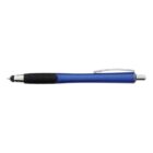 Blue ballpoint pen with a black grip and silver clip on a white background.