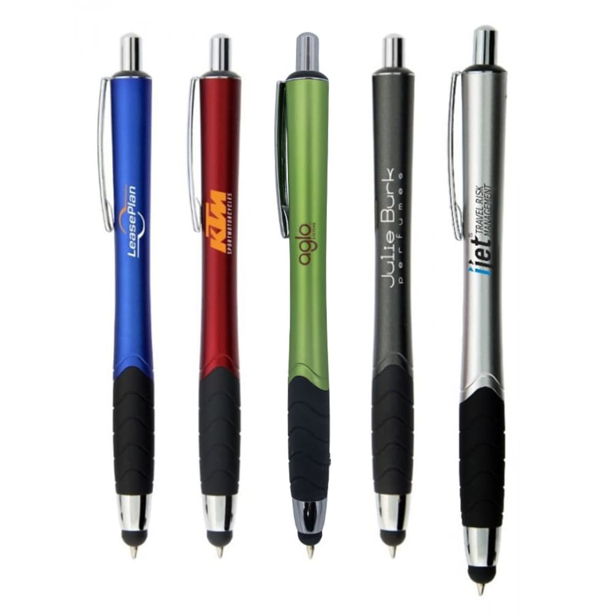 Five colorful pens with clips and black grips standing upright on a white background.