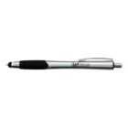Silver and black retractable pen with a clip and Travel Risk University printed on the barrel.