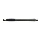 Black and silver retractable ballpoint pen with a rubber grip, lying horizontally.