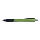 Green retractable ballpoint pen with a black grip, silver clip, and click-top mechanism.