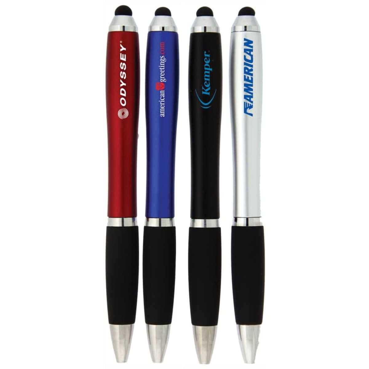Four ballpoint pens with black grips and silver tips, each with a stylus end. The pens are red, blue, black, and silver, with different logos printed on them in white or light colors.