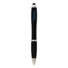 A black and silver pen with a rubber grip and a stylus tip on one end. The word Kemper is printed in blue near the top.