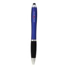 A blue pen with a stylus tip at one end and a black grip near the silver pen tip. The pen has a silver clip and the words American Greetings printed in red and white on the barrel.