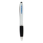 A silver ballpoint pen with AMERICAN written in blue on the barrel. The pen has a black grip and a chrome tip, with a small black stylus tip on the opposite end.