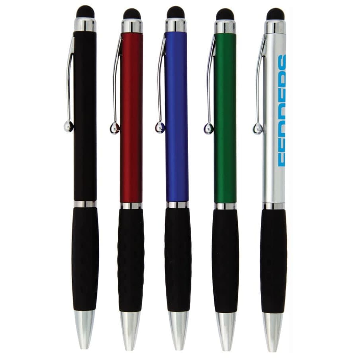 Five multicolored stylus pens with black grips and silver tips standing upright in a row.