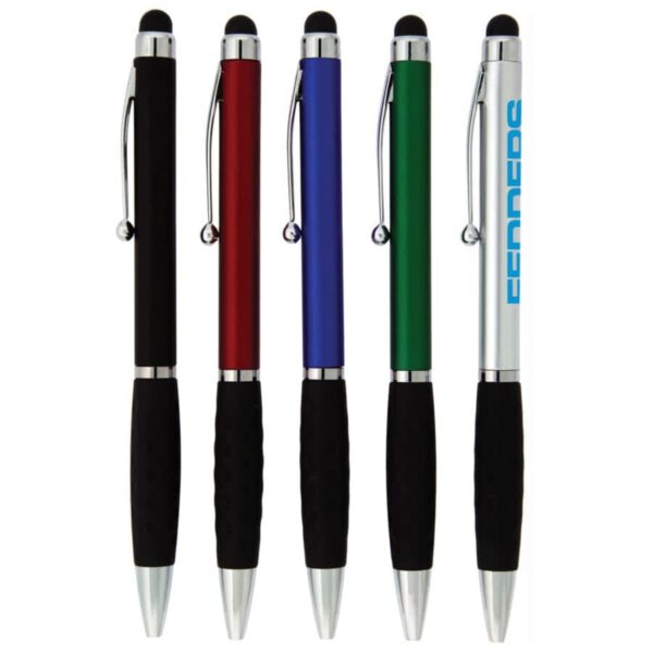 Five multicolored pens with black grips and silver tips are standing upright side by side.