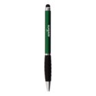 Green and black pen with stylus tip and ADVANTA printed on the barrel.