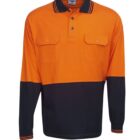 A long-sleeved polo shirt with an orange top half and navy blue bottom half. It features a collar with orange and navy stripes and two front pockets. The cuffs also have matching stripes.