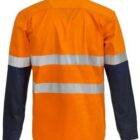 Back view of a high-visibility long-sleeve shirt. The shirt is orange with reflective silver stripes around the torso and has dark-colored sleeves.
