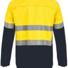 A high-visibility work shirt with long sleeves, featuring a bright yellow upper section, dark blue lower section, and two horizontal reflective gray stripes across the chest and back.