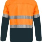 The image shows a long-sleeve high-visibility safety shirt with fluorescent orange on the upper half and dark blue on the lower half. It features reflective silver stripes around the chest and sleeves for enhanced visibility.
