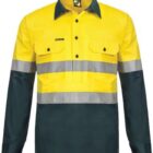 A high-visibility long-sleeve work shirt with a yellow top portion and dark green lower section. It features reflective silver stripes across the chest and sleeves, along with two buttoned chest pockets.