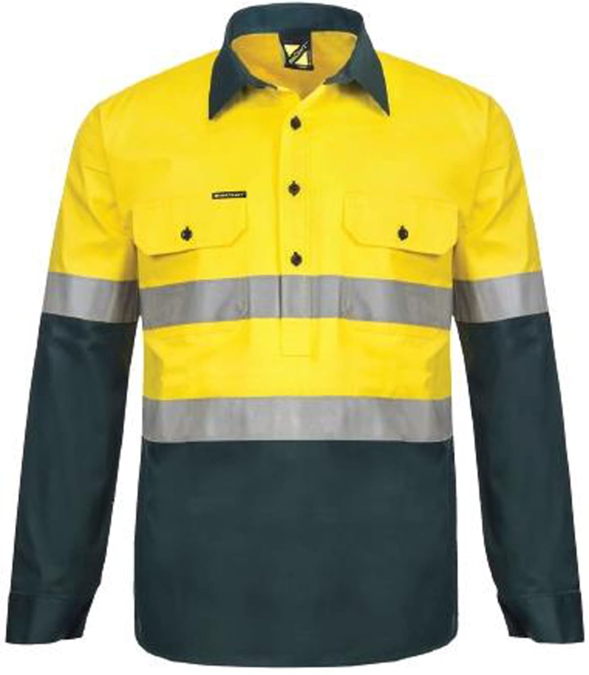 A high-visibility long-sleeve work shirt with a yellow top portion and dark green lower section. It features reflective silver stripes across the chest and sleeves, along with two buttoned chest pockets.