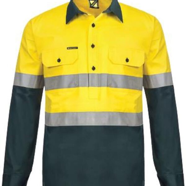 A high-visibility work shirt featuring a yellow top half and dark green bottom half. It has gray reflective stripes around the chest and sleeves, long sleeves, and buttoned pockets on the chest.
