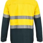 Back view of a high-visibility work shirt with long sleeves. The top section is bright yellow, featuring reflective silver bands around the midsection and sleeves. The lower portion of the shirt is dark green.