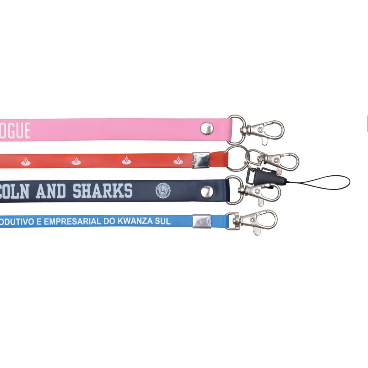 Four colored lanyards with metal clips and text on each.