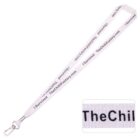 A white lanyard featuring the text I Survived TheChilliFactory.com repeatedly printed along its length. It has a metal clip for attaching items. An inset magnifies the printed text.