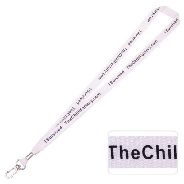 A white lanyard with black text reads I Survived - TheChilliFactory.com repeatedly along its length. It features a metal clip at one end. An enlarged inset shows a closer view of the text.