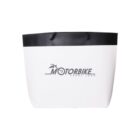 White shopping bag with black handles and MOTORBIKE logo.