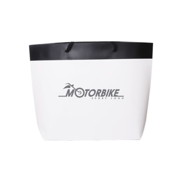 White shopping bag with Motorbike logo and a black handle.