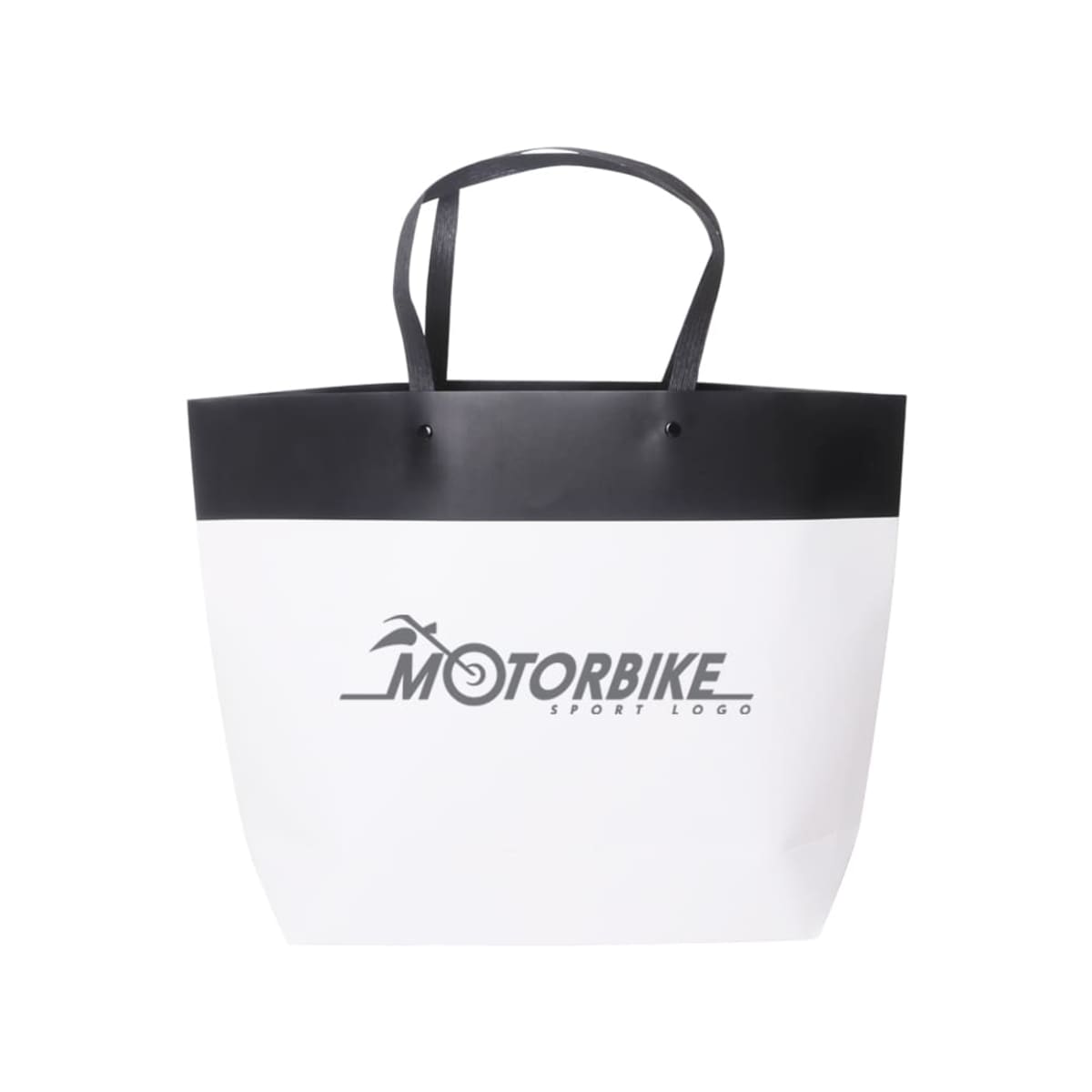 White and black tote bag with MOTORBIKE text and logo.
