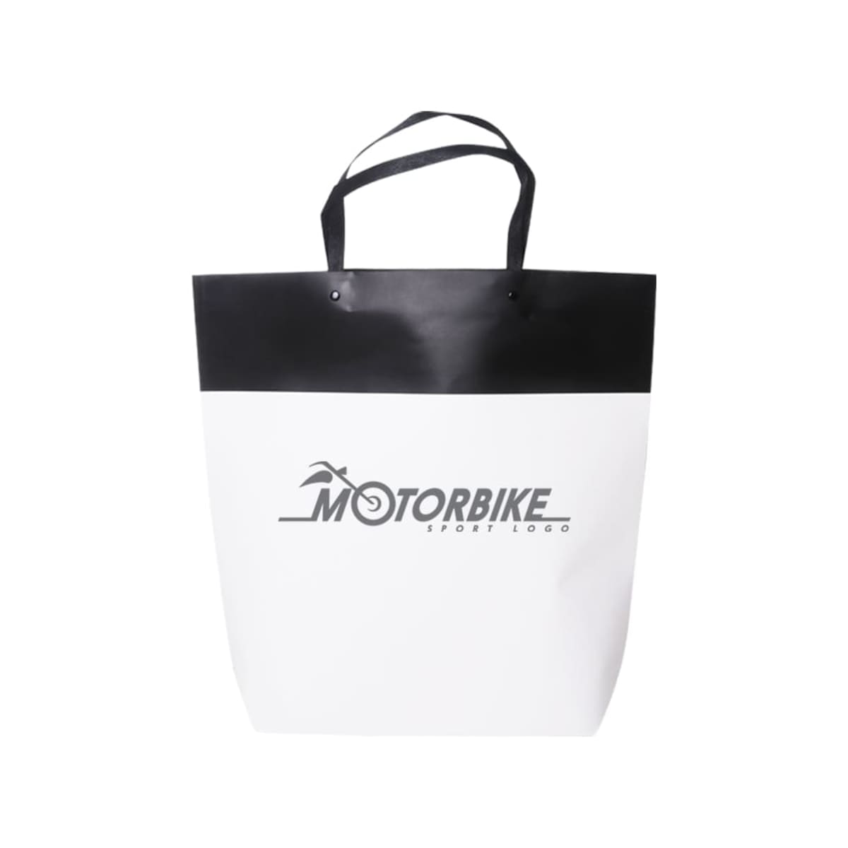 White and black tote bag with MOTORBIKE SPORT LOGO design on front.