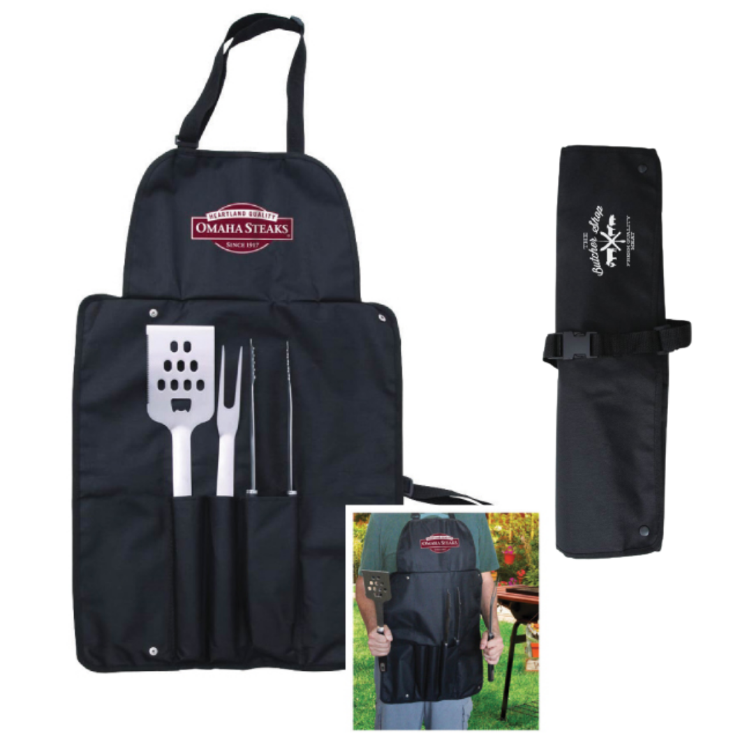 Promotional BBQ Master Chef Set with apron, utensils, and case—ideal for grilling experts.