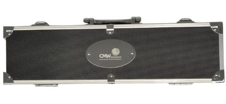 A rectangular black and silver carrying case with a handle and metal corners.