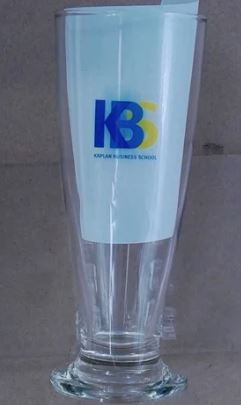A clear glass with KBS logo and Kaplan Business School text on it.