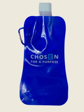 Blue foldable water bottle with CHOSEN FOR A PURPOSE text printed on it.