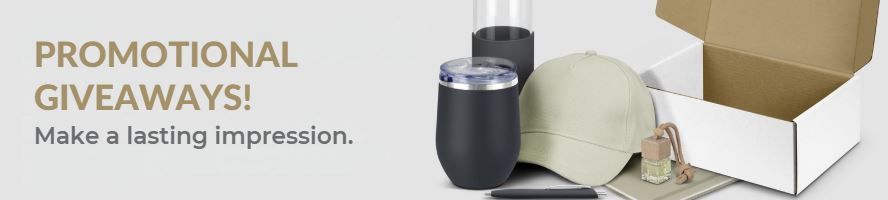 Promo giveaways: Cap, bottle, box, pen, cup, and sanitizer.