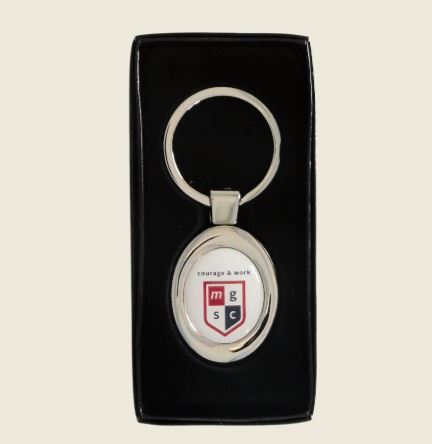 Branded metal keyrings with logo.